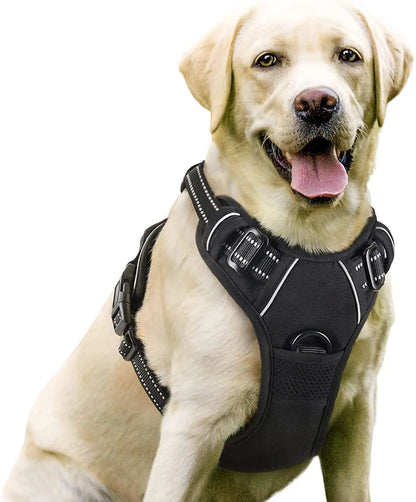 Dog Harness, No-Pull Pet Harness with 2 Leash Clips, Adjustable Soft Padded Dog Vest, Reflective Outdoor Pet Oxford Vest with Easy Control Handle for Large Dogs, Black