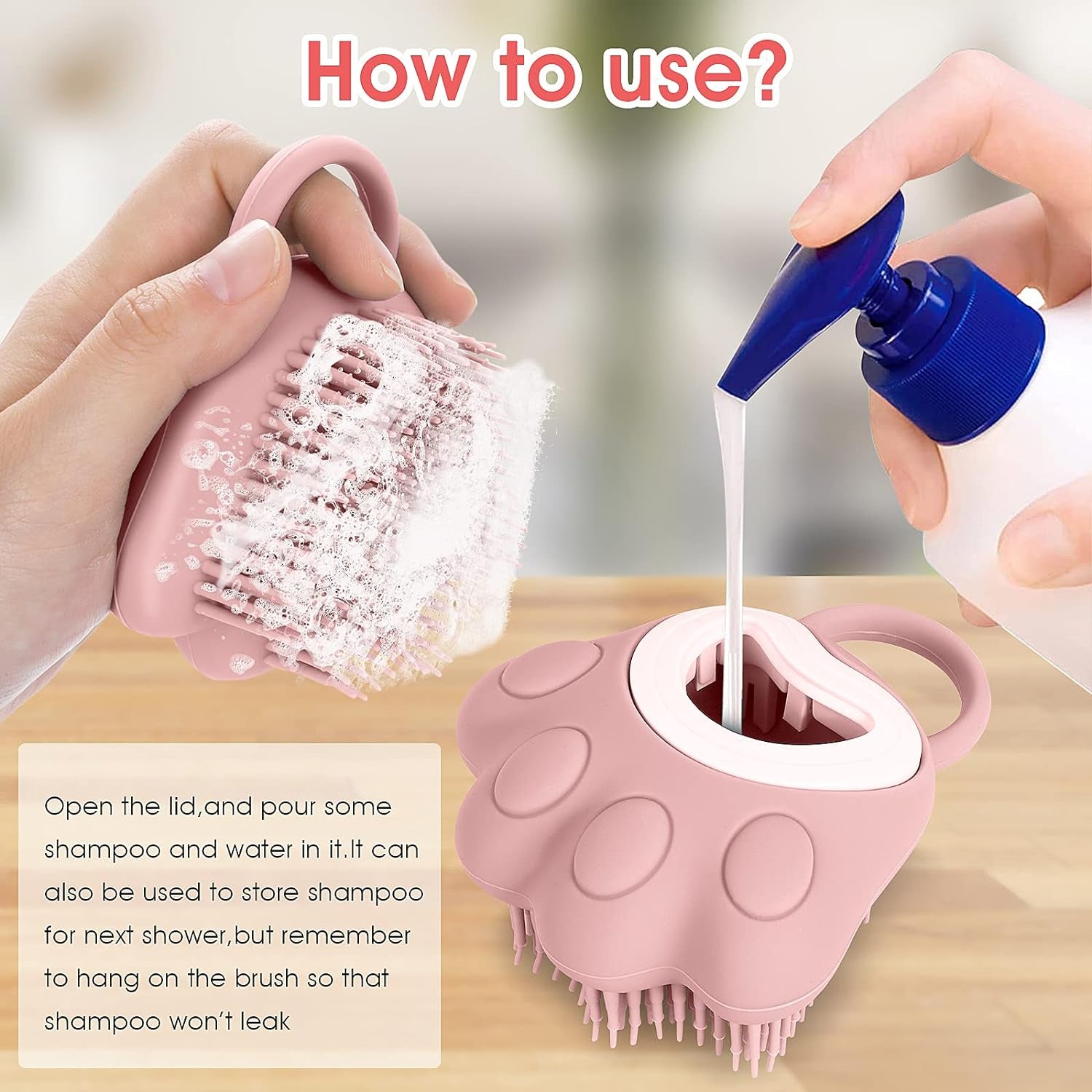 Dog Cat Bath Brush Comb Silicone Rubber Dog Grooming Brush Silicone Puppy Massage Brush Hair Fur Grooming Cleaning Brush Soft Shampoo Dispenser(Pink Paw Shape)