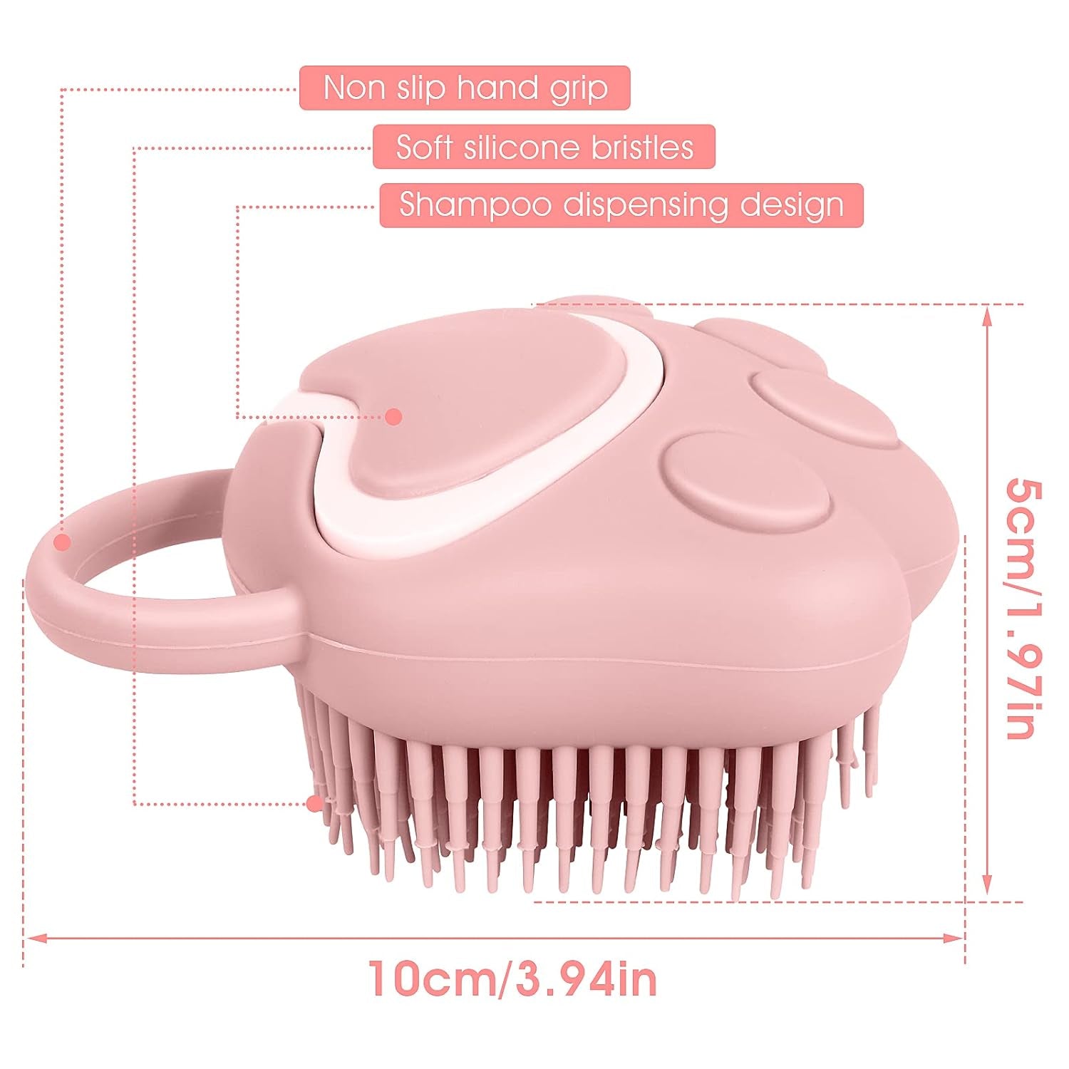 Dog Cat Bath Brush Comb Silicone Rubber Dog Grooming Brush Silicone Puppy Massage Brush Hair Fur Grooming Cleaning Brush Soft Shampoo Dispenser(Pink Paw Shape)